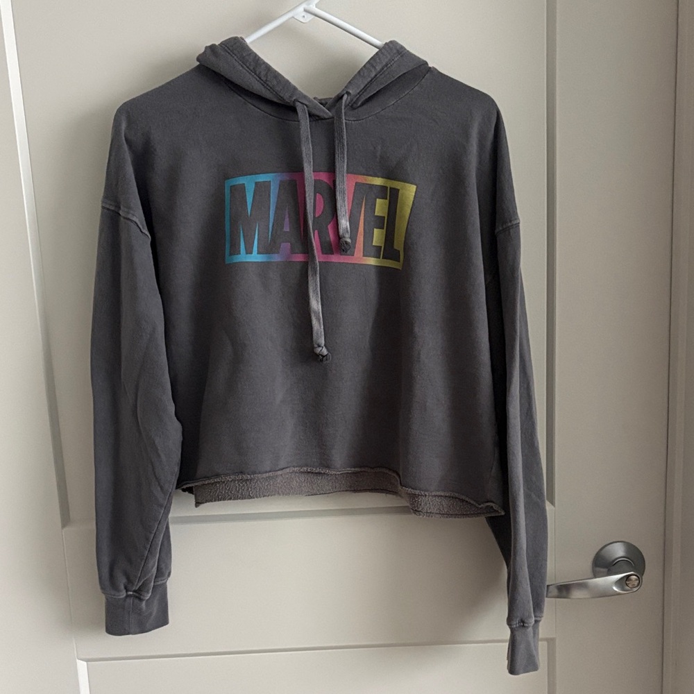 Cropped Marvel Gray Hoodie with Multicolor Ombre Logo
